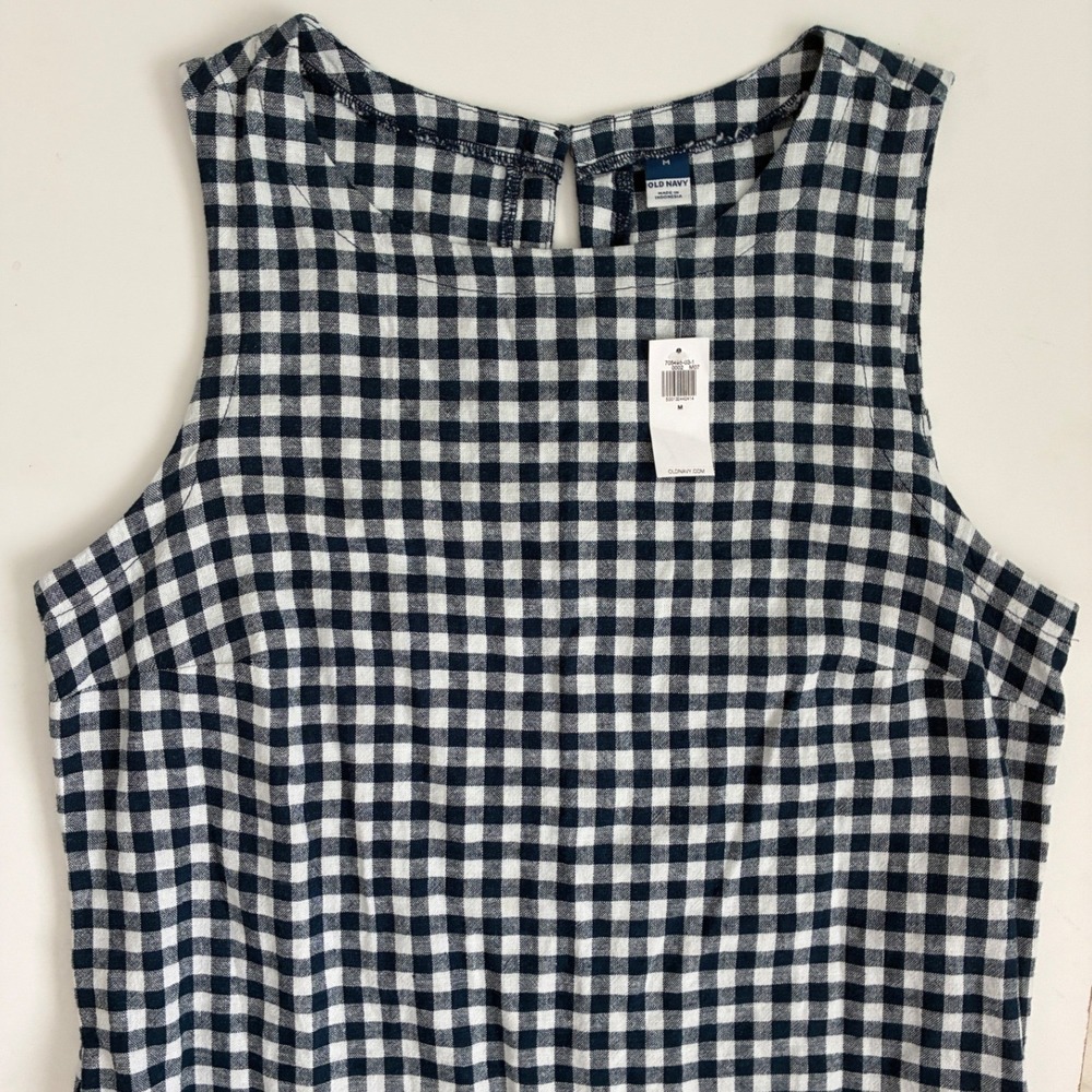 Old Navy Womens Navy Blue Gingham Linen Blend Sleeveless Mini Shift Dress M NWT - Picture 10 of 11